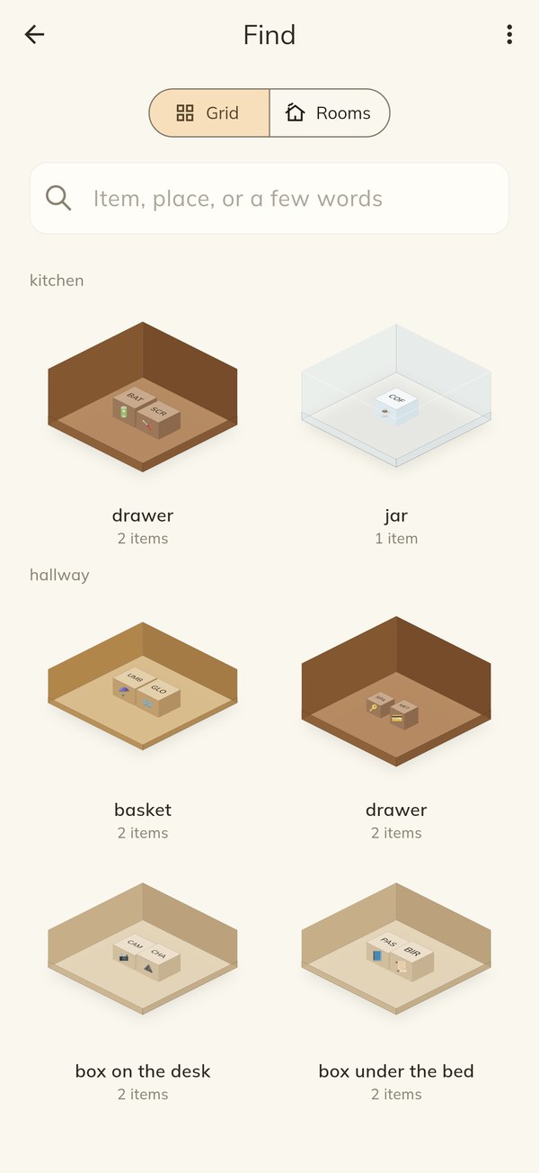 Cubby's Find screen: every place shown as a little isometric box, grouped by room