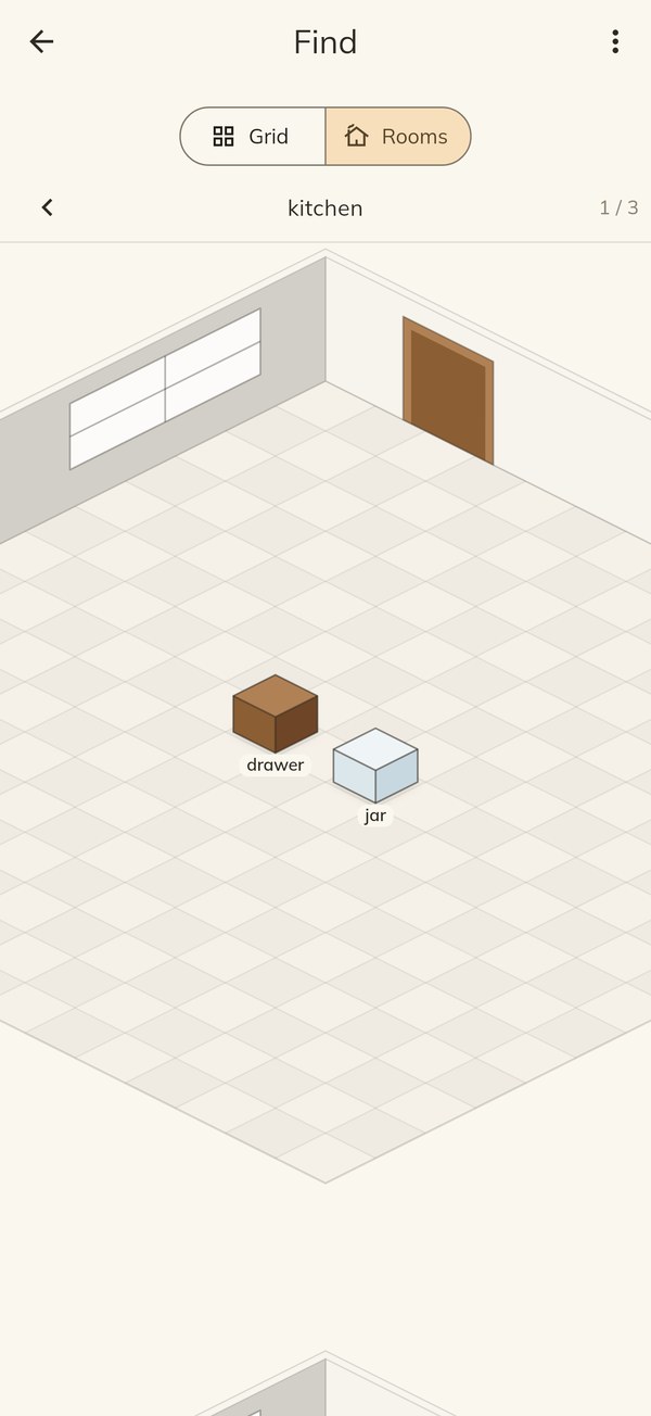 Cubby's Rooms screen: boxes placed in a room you can walk through