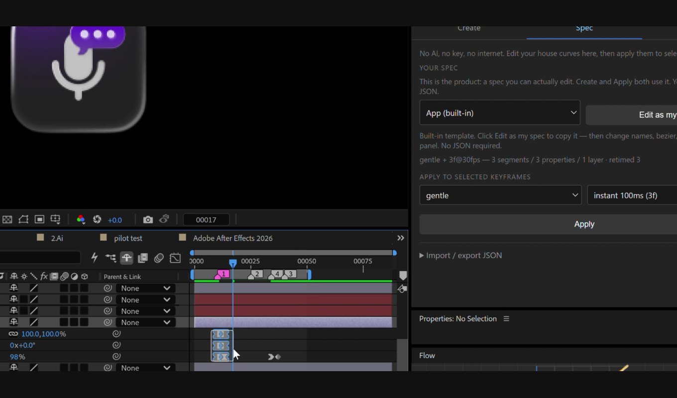 MotionPilot's Spec tab in After Effects, applying a curve token and a duration token to the selected keyframes